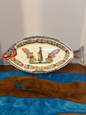 Henriot Quimper Petit Breton Lady 19" F360 Fish Plate Platter Wall Hanging
